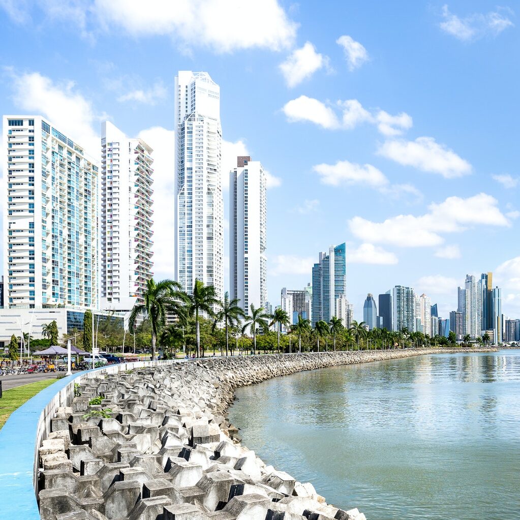 Panorama view of modern skyline at Panama City waterfront